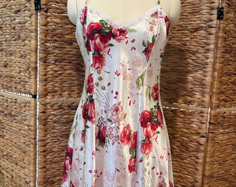 90er Jahre Satin Floral Slip Dress, Feinwäsche Romantische Chemise, LARGE