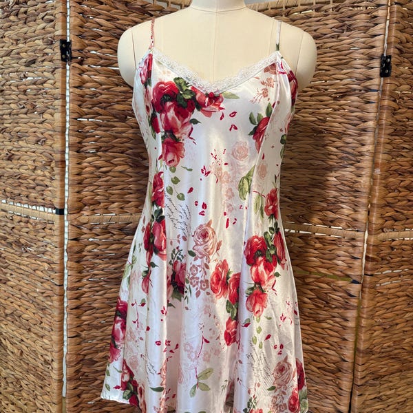 Robe nuisette fleurie en satin des années 90, nuisette romantique délicate, GRAND