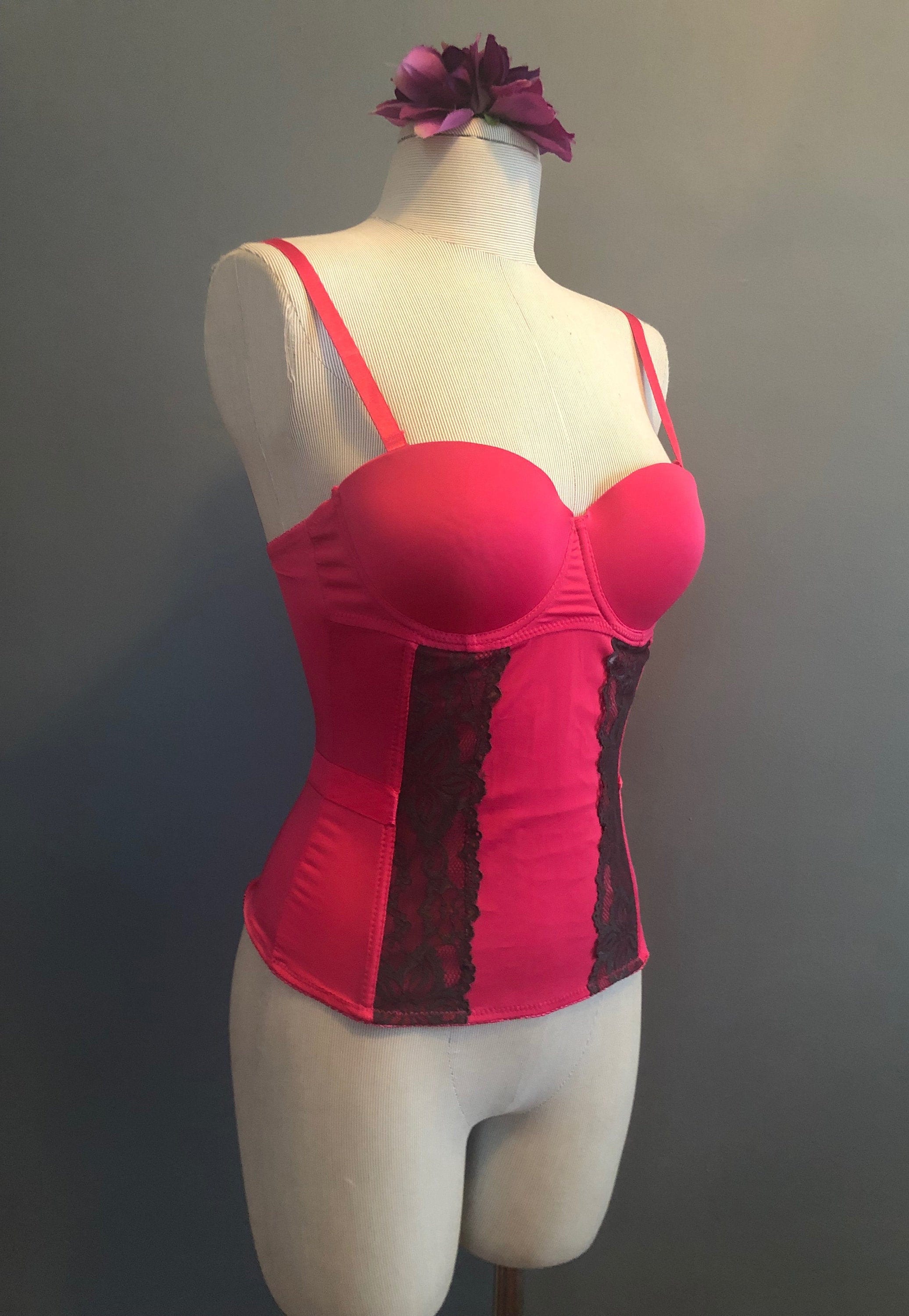 Hot Pink Corset / Vintage Bustier Top / Bustier with Garters Etsy