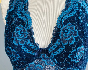 Babydoll Lingerie, Cinema Etoile Sheer Blue Halter Babydoll, 80s Vintage Blue Lace V-Neck Babydoll, S SMALL 36" Bust