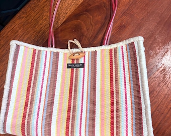 Y2K Kate Spade Purse, Woven Straw, Wood Toggle, Stripes
