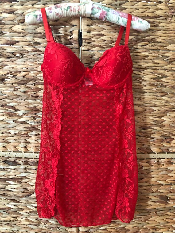 Babydoll Lingerie, Rampage 1990S Red Heart Sheer L