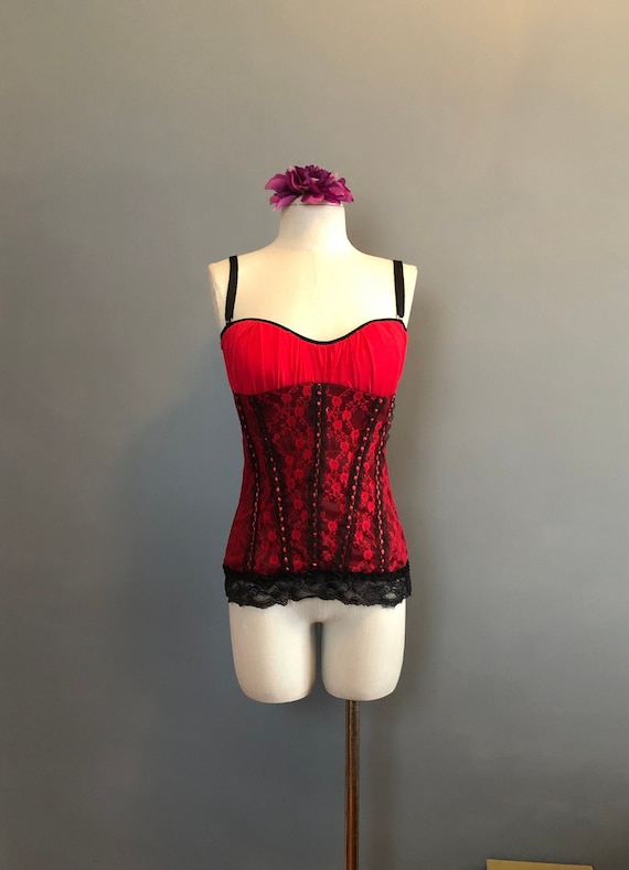 90s Corset, Black and Red Corset Lingerie, Lace C… - image 1