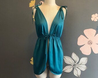 Babydoll Lingerie, Cattani of California 1960s Teal Babydoll, Open Front V-neck Babydoll S SMALL 36" Bust