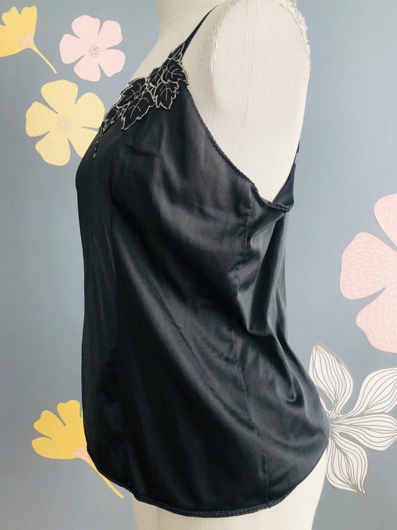 Vintage Black Camisole with Leaf Applique, 80 Sem… - image 5