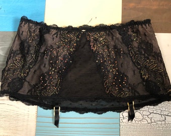 Victoria's Secret Garter Belt, Y2K Black Lace Garter Belt with Sequins and Sheer Thong Panty, S SMALL