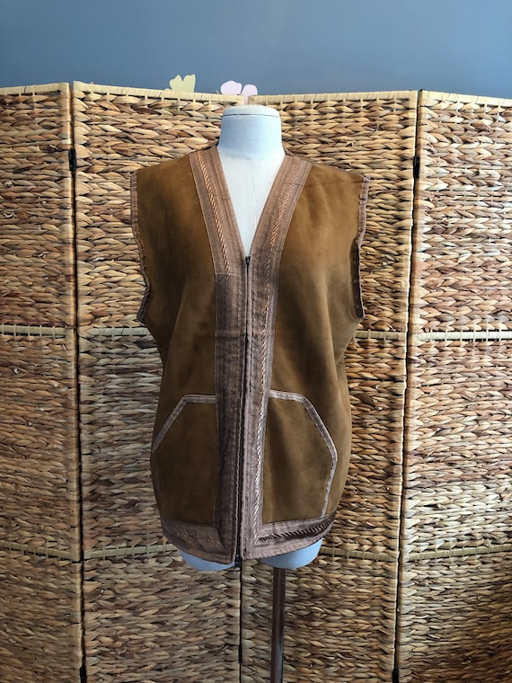 Vintage Vest, 70s Faux Suede Vest with Faux Fur Ve