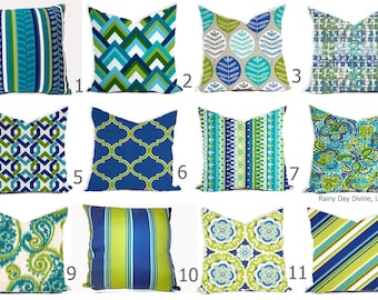 Outdoor Pillows or Indoor Pillow Covers Custom 18x18, 20x20 All sizes - Bright Green, Lime Royal Blue, Aqua Turquoise with White