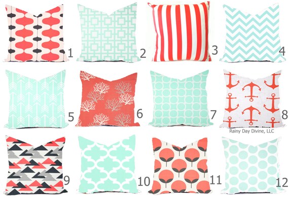 Pillow Cover Throw Accent Decor - Custom All Sizes - 16x16, 18x18 Coral Salmon Orange Mint Green Modern Geo