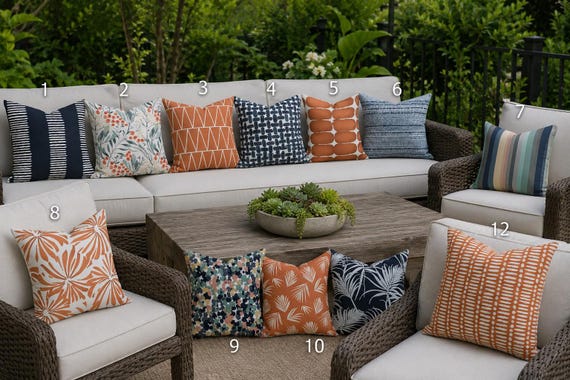 Designer Throw Pillow Cover – Modern Navy, Orange, Terracotta Indoor/Outdoor