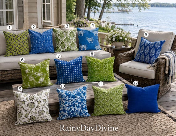 Outdoor Pillows or Indoor  Custom Cover - Blue Royal Blue Admiral Green Kiwi Lime White Contemporary Modern Geometric Coastal 18x18, 16x16