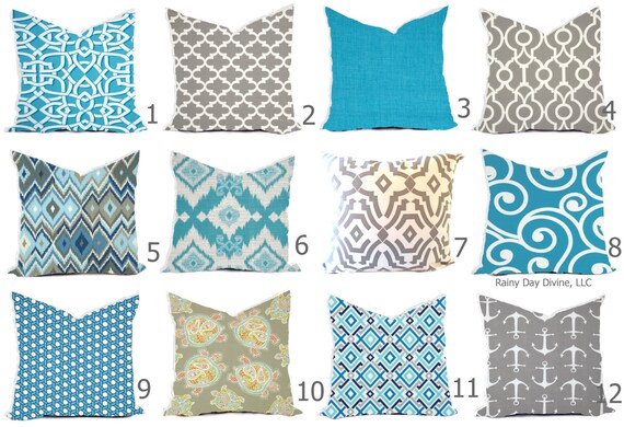 Outdoor Pillows or Indoor Custom Covers - Auqa Blue Grey Gray Turquoise Charcoal Ash with White 18x18, 20x20 Modern Geometric Coastal