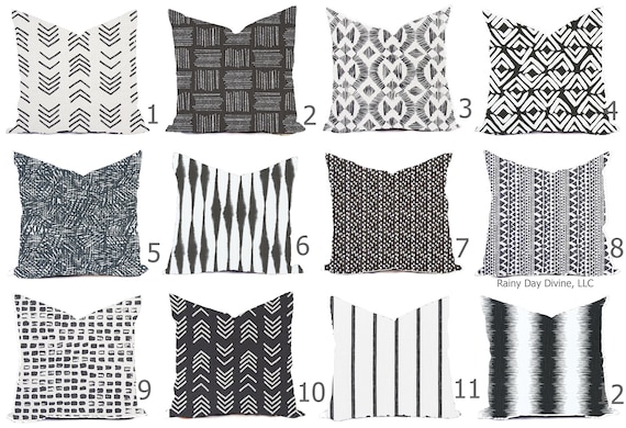 Custom Pillow Covers - Black Ink Flax White Modern Boho Chic Bohemian Throw Pillows Mud Cloth - Decorative Accent Pillows 16x16 18x18