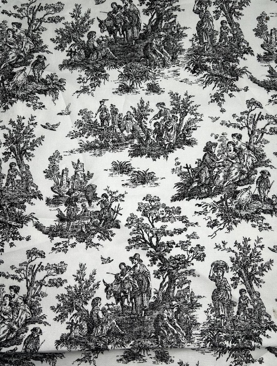 Fabric By the Yard Black Vintage Family Garden on White Print
