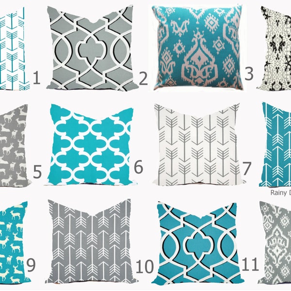 Pillows Cover Throw Accent Decor - Custom All Sizes - 16x16, 18x18 Aqua Turquoise Blue Grey White Modern Native Aztec