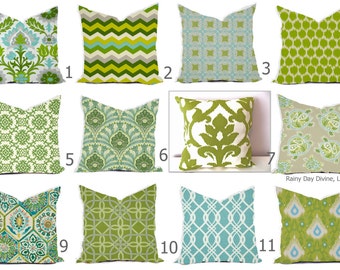 Pillows Outdoor Indoor Custom Cover -  Blue Aqua Dusty Kiwi Lime Green Aqua Moss Ivory - 16x16, 18x18 Modern Geometric Ikat