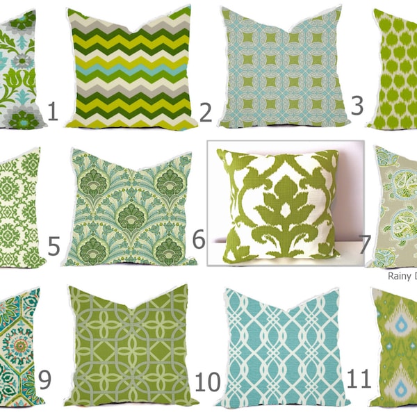 Pillows Outdoor Indoor Custom Cover -  Blue Aqua Dusty Kiwi Lime Green Aqua Moss Ivory - 16x16, 18x18 Modern Geometric Ikat