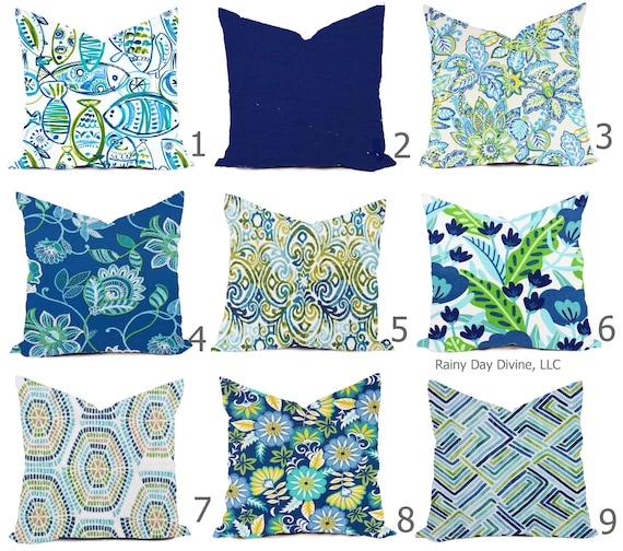 Outdoor Pillows or Indoor Pillow Covers Custom 18x18, 20x20 All sizes - Bright Green, Lime Royal Blue, Aqua Turquoise with White