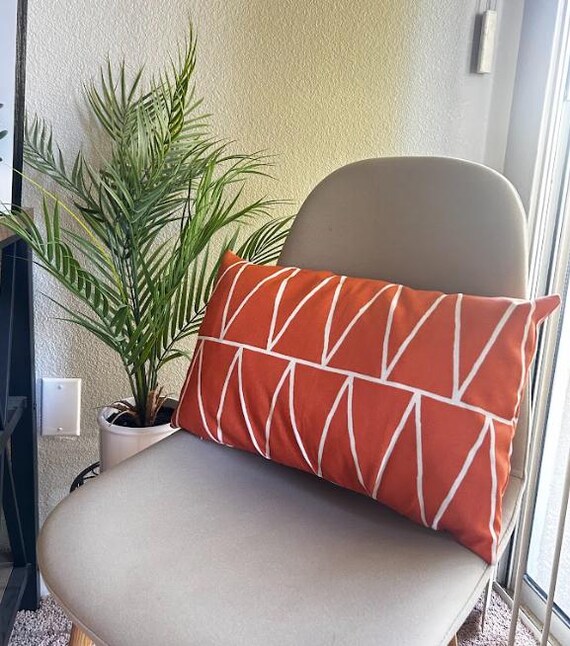 Pillow Cover Lumbar Orange Deep Papaya Terrain Geometric Pattern with White Lines, 12x20 inches, Outdoor and Indoor