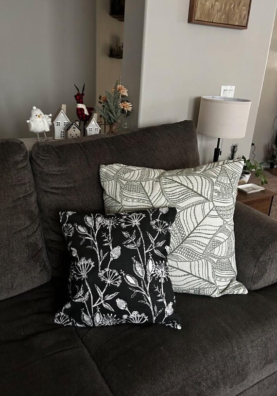 Pillow Cover Chic Floral Black Midnight Obsidian Onyx Charcoal White Ivory 18x18 inches, Outdoor and Indoor