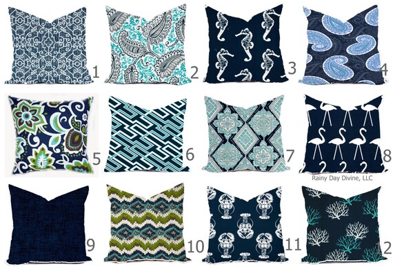 Outdoor Pillows or Indoor Cover - Shades of Blue Navy Aqua Turquoise Ocean White Green Contemporary Modern Geometric 18x18, 16x16