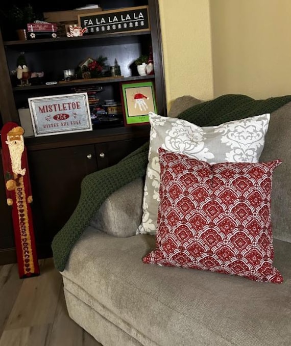 Pillow Cover Red Clay Brick Red Maroon Scarlet with White Lace Christmas Holiday Pattern, 18x18 inches, Outdoor and Indoor