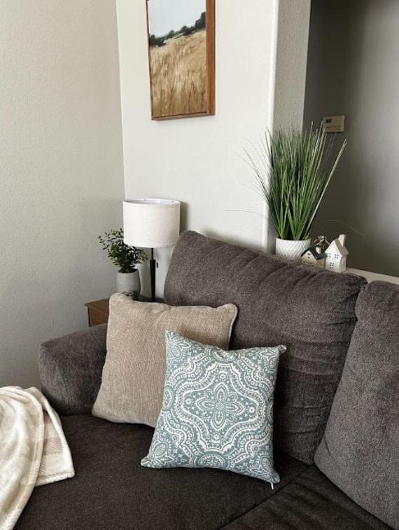 Pillow Cover Blue Teal Sky Cotton White Pearl Paisley Beige Cream Back, 16x16 inches Outdoor and Indoor