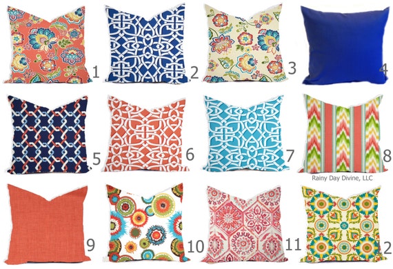Custom Outdoor Indoor Pillow Cover sizes include 16x16, 18x18 - Shades of Coral Blue Aqua Navy Modern Geometric Print Tribal Floral
