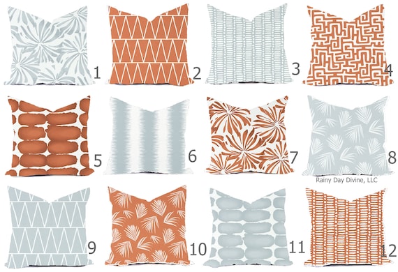 Outdoor Pillows or Indoor Custom Cover - Light Ice Blue Orange Terracotta Rust Designer Modern multiple sizes 18 x 18, 16x16, 20x20