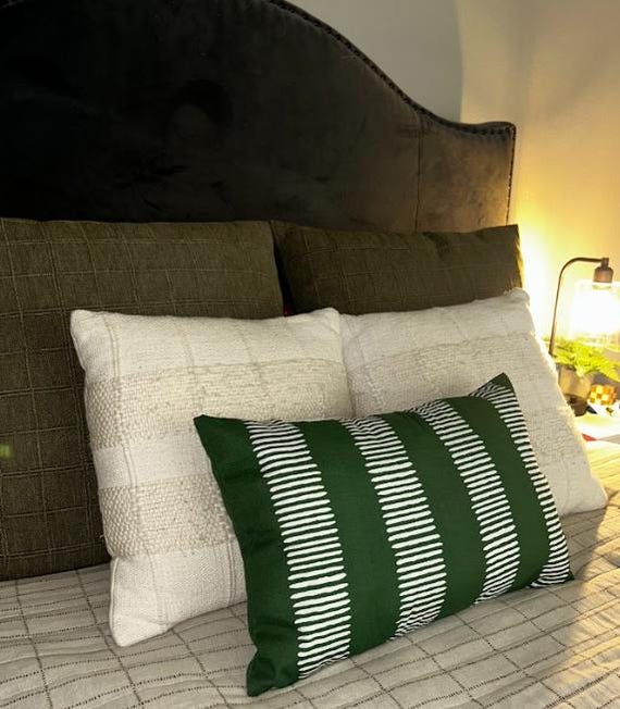 Pillow Cover Lumbar Dark Pine Forest Green With White Ivory Pearl Dash Tropic Pattern, 12x20 inches, Outdoor and Indoor