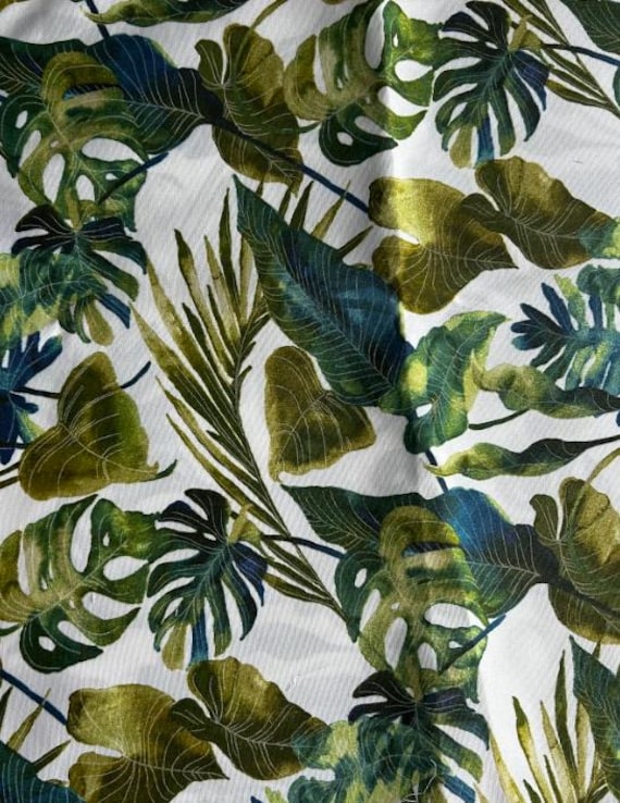 Fabric By the Yard Green Olive Army Palm Leaf on White Print