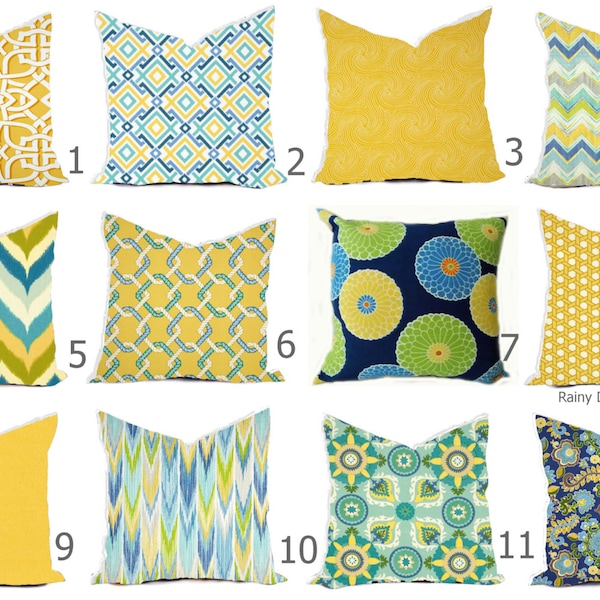 Outdoor Pillows or Indoor Custom Cover sizes include 16x16, 18x18 - Shades of Blue Aqua Royal Yellow Daffodil Modern Geometric Tribal Floral