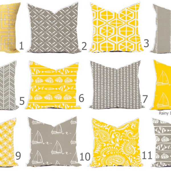 Outdoor Pillow Pillows or Indoor Custom Cover - Yellow Citrus Gray Oyster White Nautical Modern Geometric Tribal 18x18, 16x16