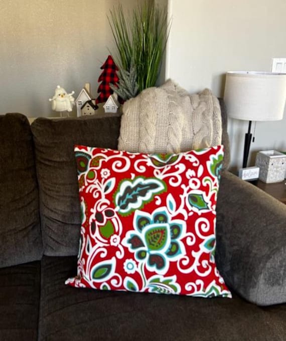 Pillow Cover Red Ruby Vermillion Green Olive Jade Teal Turquoise Gray Silver Floral Paisley 20x20 inches Outdoor and Indoor
