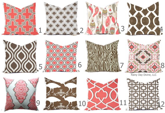 Pillows Cover Custom  - Coral Salmon Brown Chocolate White - All sizes 18x18, 16x16  Throw Accent Toss Modern Abstract Print