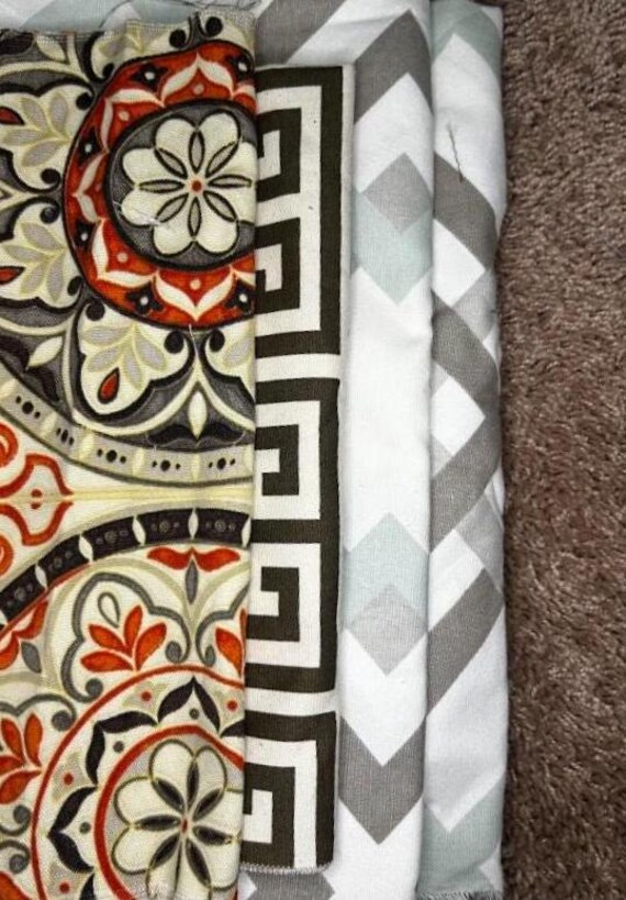 Fabric Scrap Bundle: Orange Brown Tan Beige Cream Blue Teal Slate Grey Gray (4 fabrics)