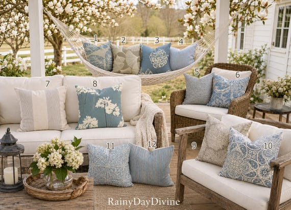 Custom Pillow Covers - Dusty Ice Blue Cornflower Slate Ivory Modern Coastal Throw Pillows - Decorative Accent Pillows 16x16 18x18