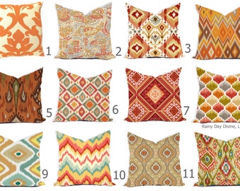 Pillow Covers Outdoor or Indoor Custom  - Orange Tangerine Rust Sienna Spice Cayenne Ivory 16x16, 18x18 modern ikat geometric