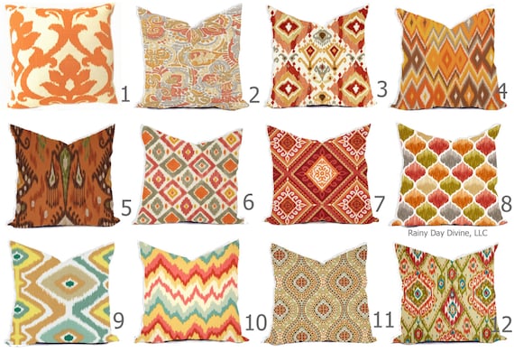 Pillow Covers Outdoor or Indoor Custom  - Orange Tangerine Rust Sienna Spice Cayenne Ivory 16x16, 18x18 modern ikat geometric