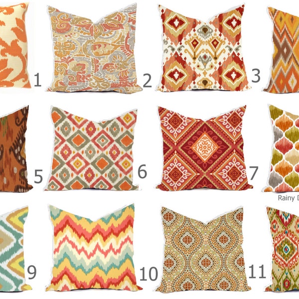 Pillow Covers Outdoor or Indoor Custom  - Orange Tangerine Rust Sienna Spice Cayenne Ivory 16x16, 18x18 modern ikat geometric