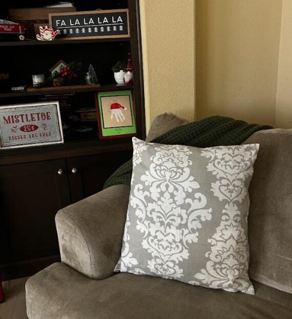 Pillow Cover Grey Silver Ash Steel Smoke Stone with White Ivory Pearl Vintage Medallion Pattern, 22x22 inches, Outdoor and Indoor