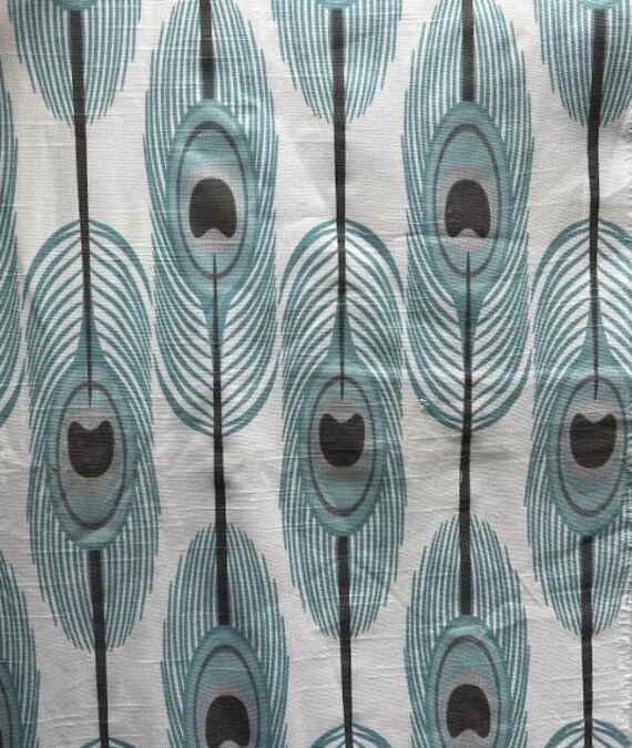 Fabric By the Yard Blue Teal Brown Peacock Feather White Print