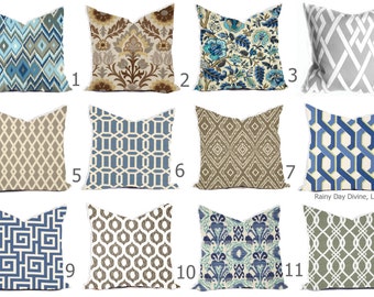 Outdoor Pillows or Indoor Custom Cover - Shades of Blue, Royal Blue, Grey Taupe Ivory Ikat Lattice Modern All sizes