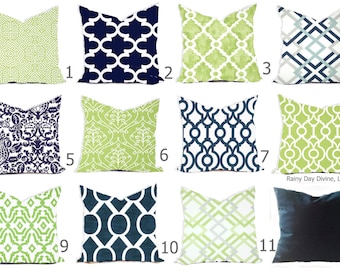 Pillows Custom Cover - Navy Blue Kiwi Green Apple Chartreuse White - All sizes 18x18, 16x16  Throw Accent Toss Modern QuatrefoilPrint