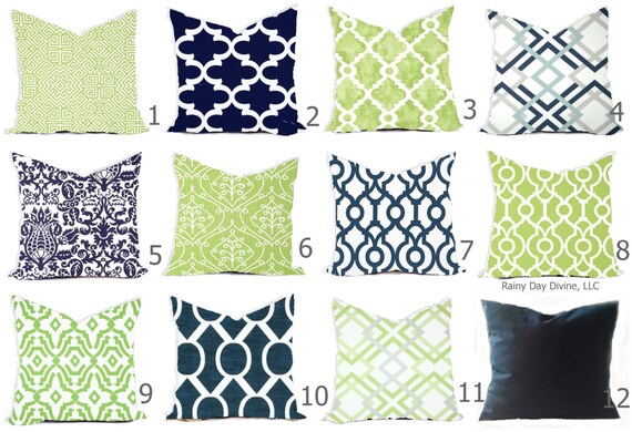 Pillows Custom Cover - Navy Blue Kiwi Green Apple Chartreuse White - All sizes 18x18, 16x16  Throw Accent Toss Modern QuatrefoilPrint