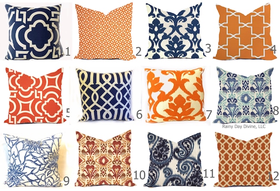 Outdoor Pillow Covers or Indoor Custom  - Navy Royal Blue Indigo Orange Tangerine Ivory 16x16, 18x18 modern ikat geometric