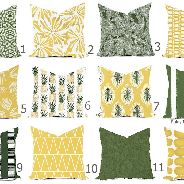Funda de almohada de diseño en amarillo y verde - Estampado tropical moderno, apta para exteriores.