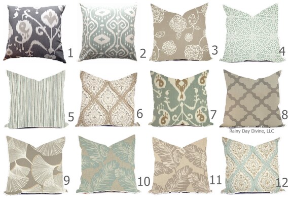 Pillow Cover Throw Accent Pillow - Spa Mist Blue Taupe Oyster Dove Gray Linen Cream Natural Modern Lattice Ikat - 16x16, 18x18