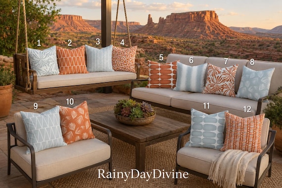 Outdoor Pillows or Indoor Custom Cover - Light Ice Blue Orange Terracotta Rust Designer Modern multiple sizes 18 x 18, 16x16, 20x20