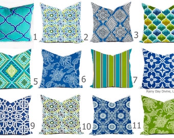 Outdoor Pillow Covers or Indoor Custom  - Cobalt Royal Blue Indigo Green Lime White 16x16, 18x18 modern ikat geometric